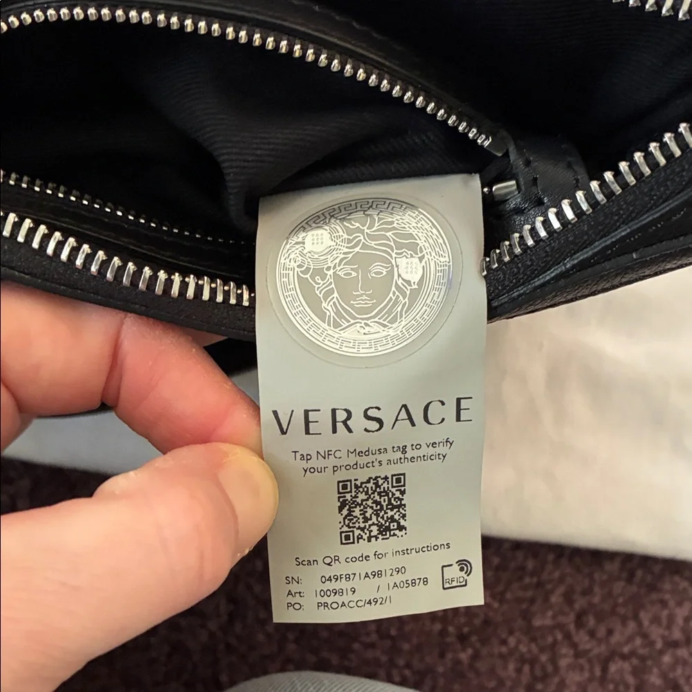 Versace New Black Italian Leather Shoulder mini Hobo Bag w Silver Medusa Charm - Picture 9 of 10